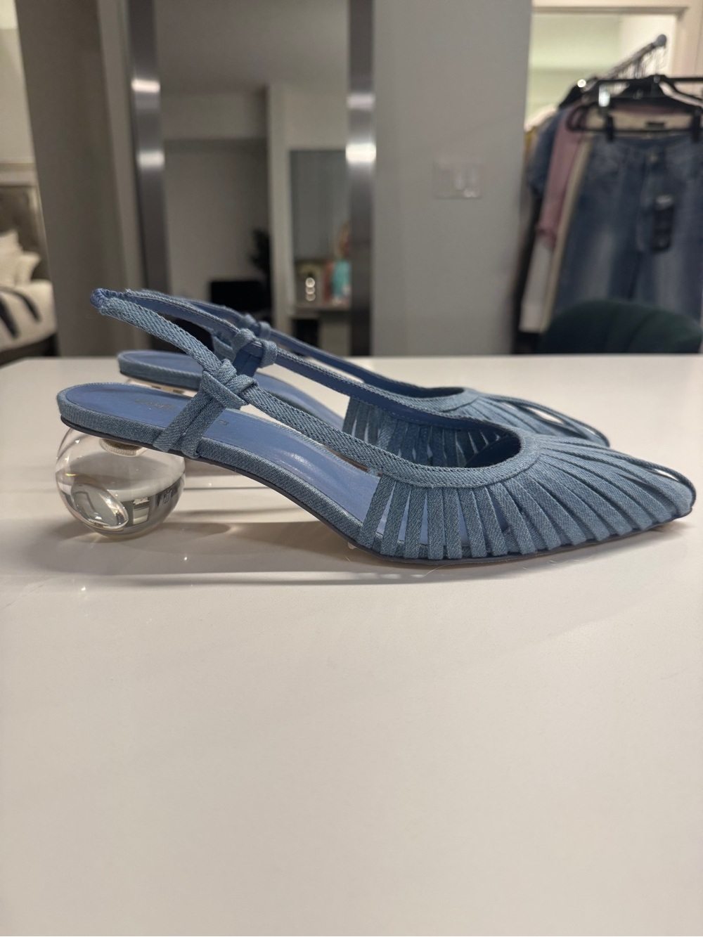 cult gaia Alia blue denim pleated slingback pointed-toe heels size 38.5 Lake